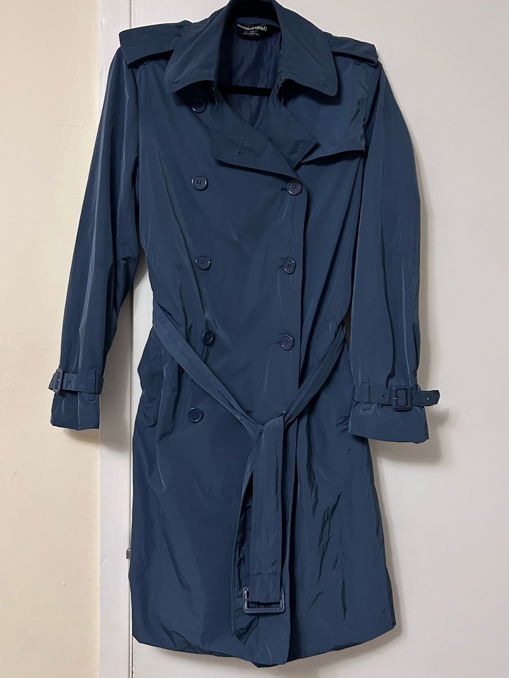 Norma Kamali Knee Length Double Breasted Belted Trench Coat in Navy Size Small
